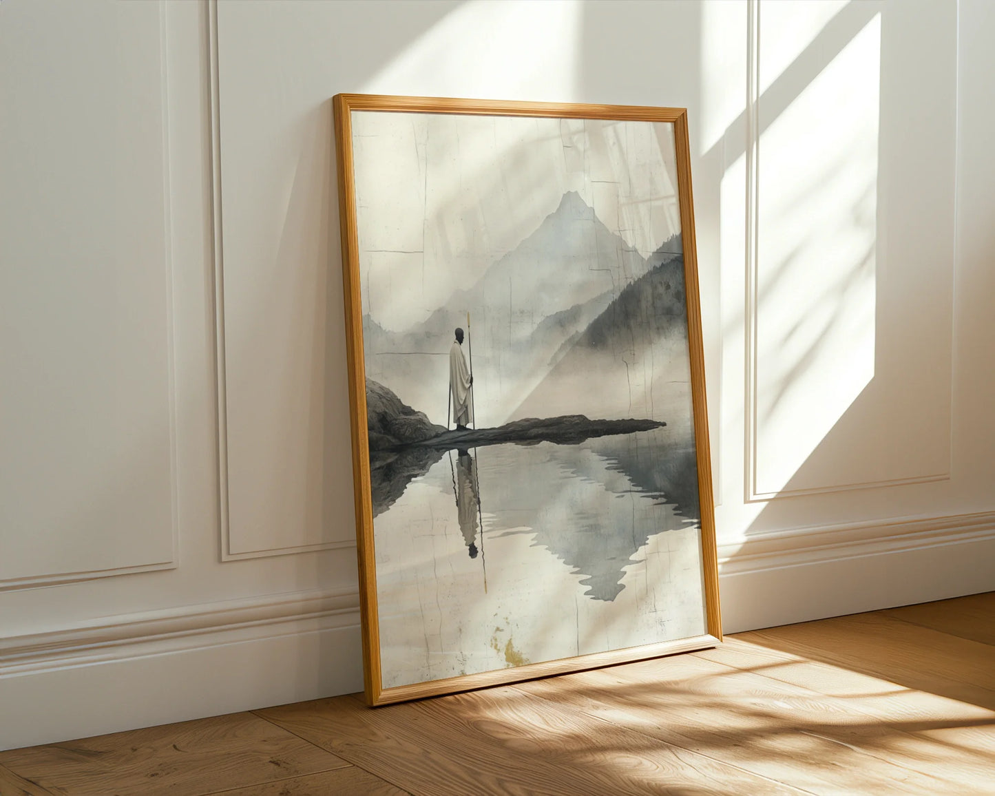 Minimalist Mountain Lake Zen Pilgrim Figure Canvas Wall Art — Serene home accent displaying quiet observer near foggy shoreline in Asian-influenced design