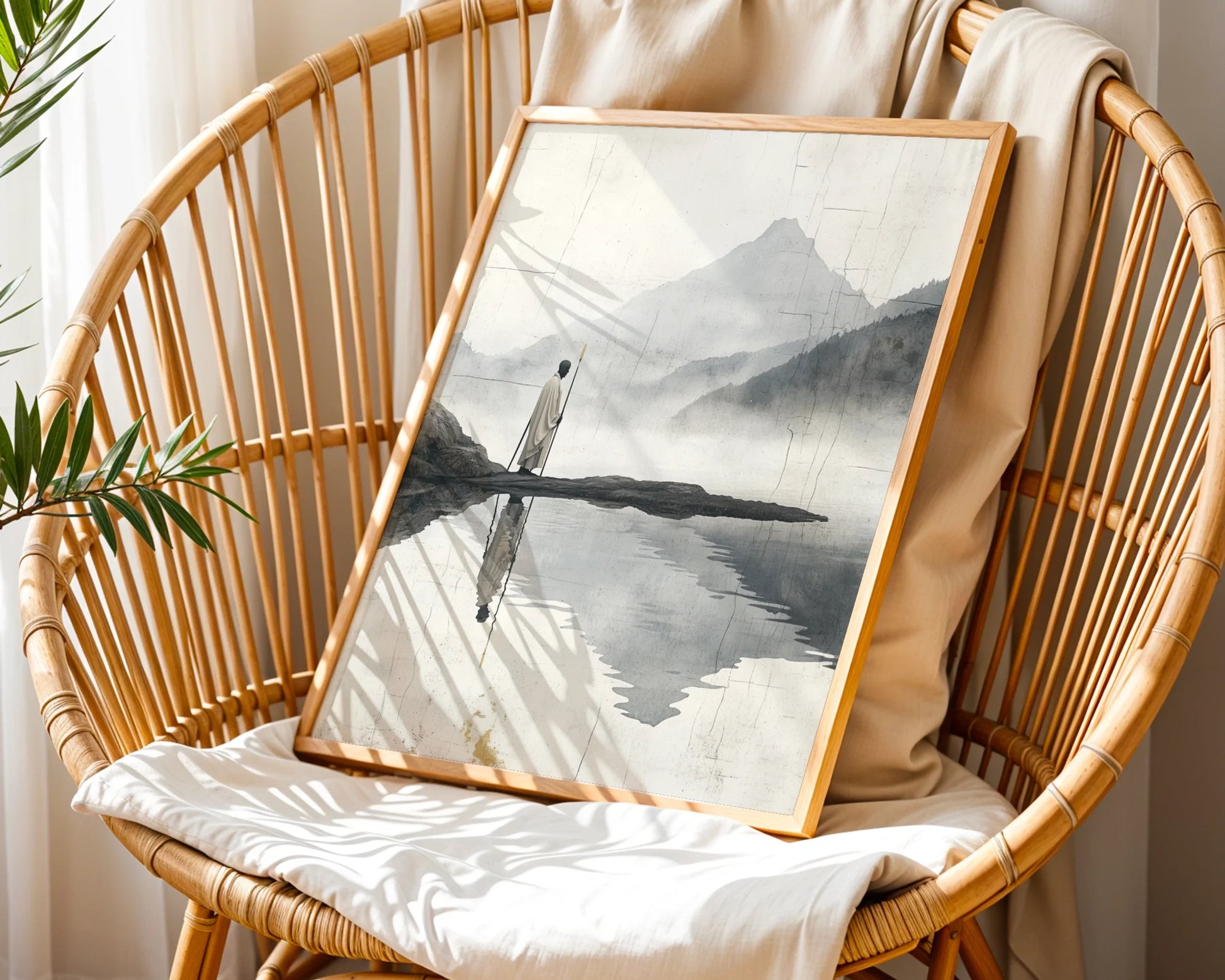 Minimalist Mountain Lake Zen Pilgrim Figure Canvas Wall Art — Imperfect beauty canvas showcasing distant peaks reflected in still waters for rustic decor