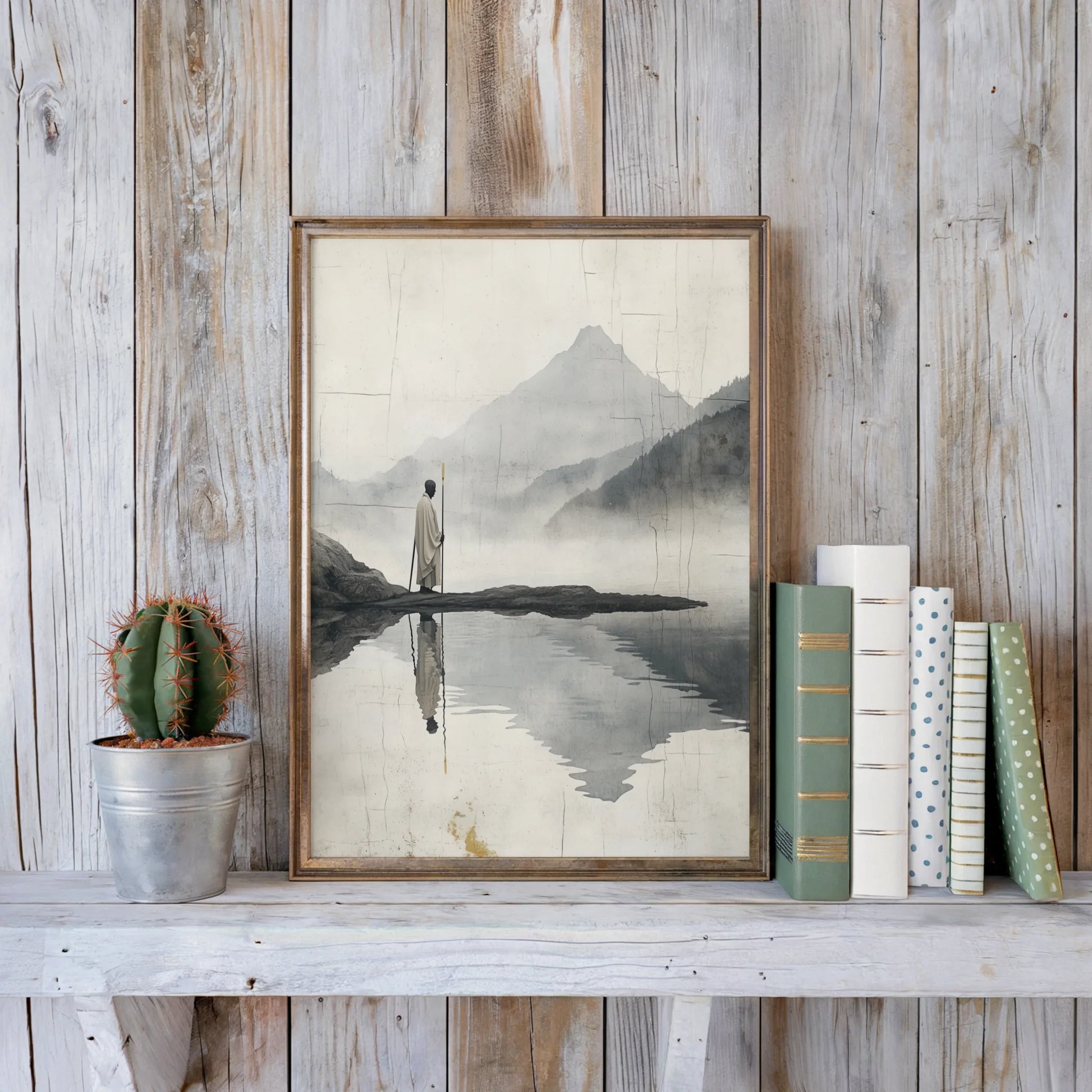 Minimalist Mountain Lake Zen Pilgrim Figure in room