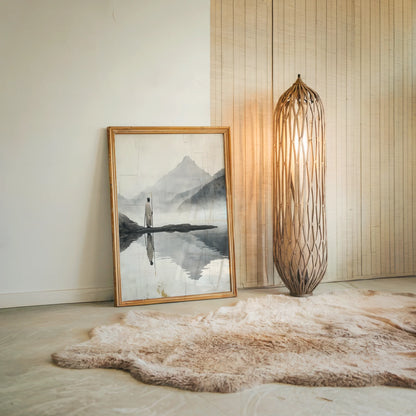 Minimalist Mountain Lake Zen Pilgrim Figure in room