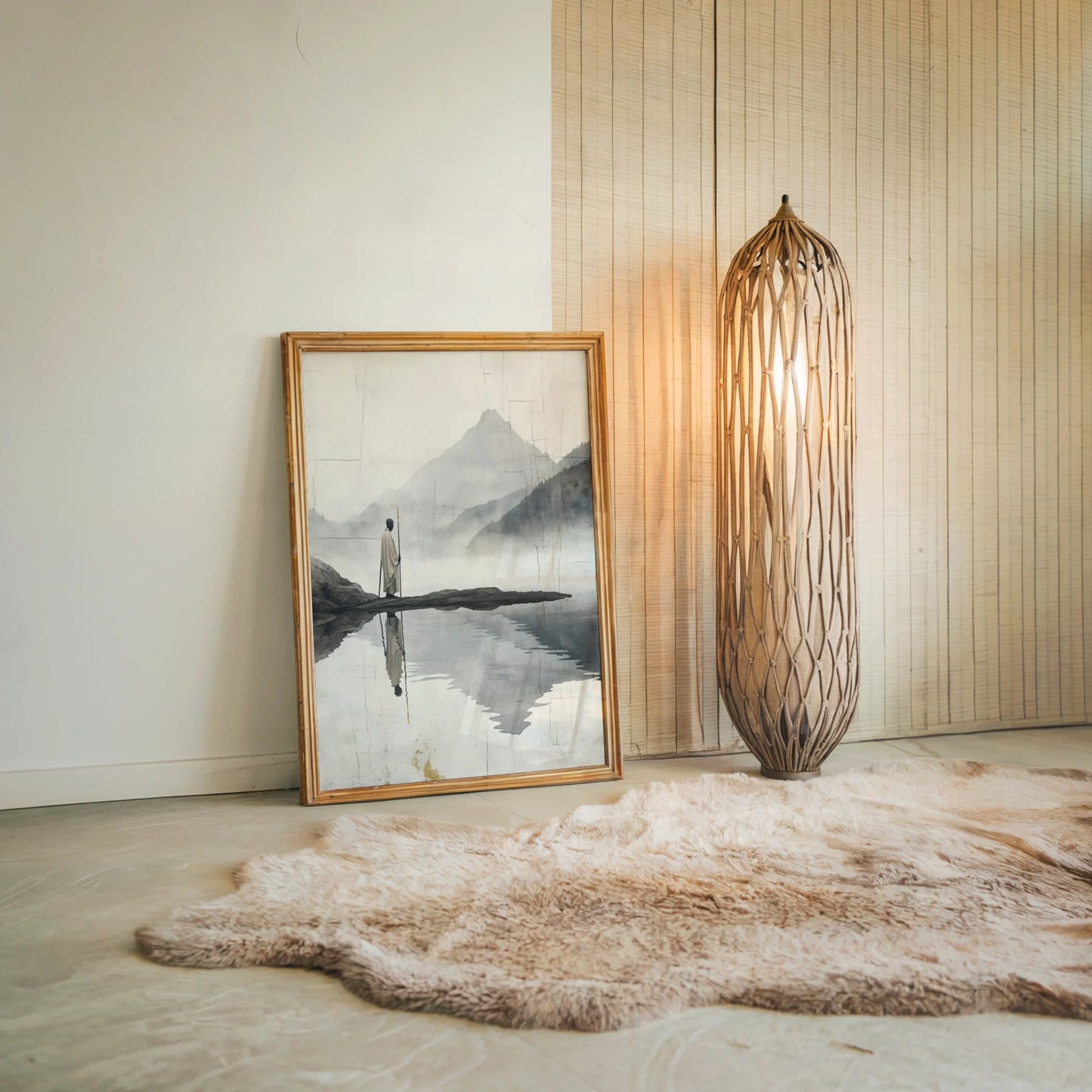 Minimalist Mountain Lake Zen Pilgrim Figure in room