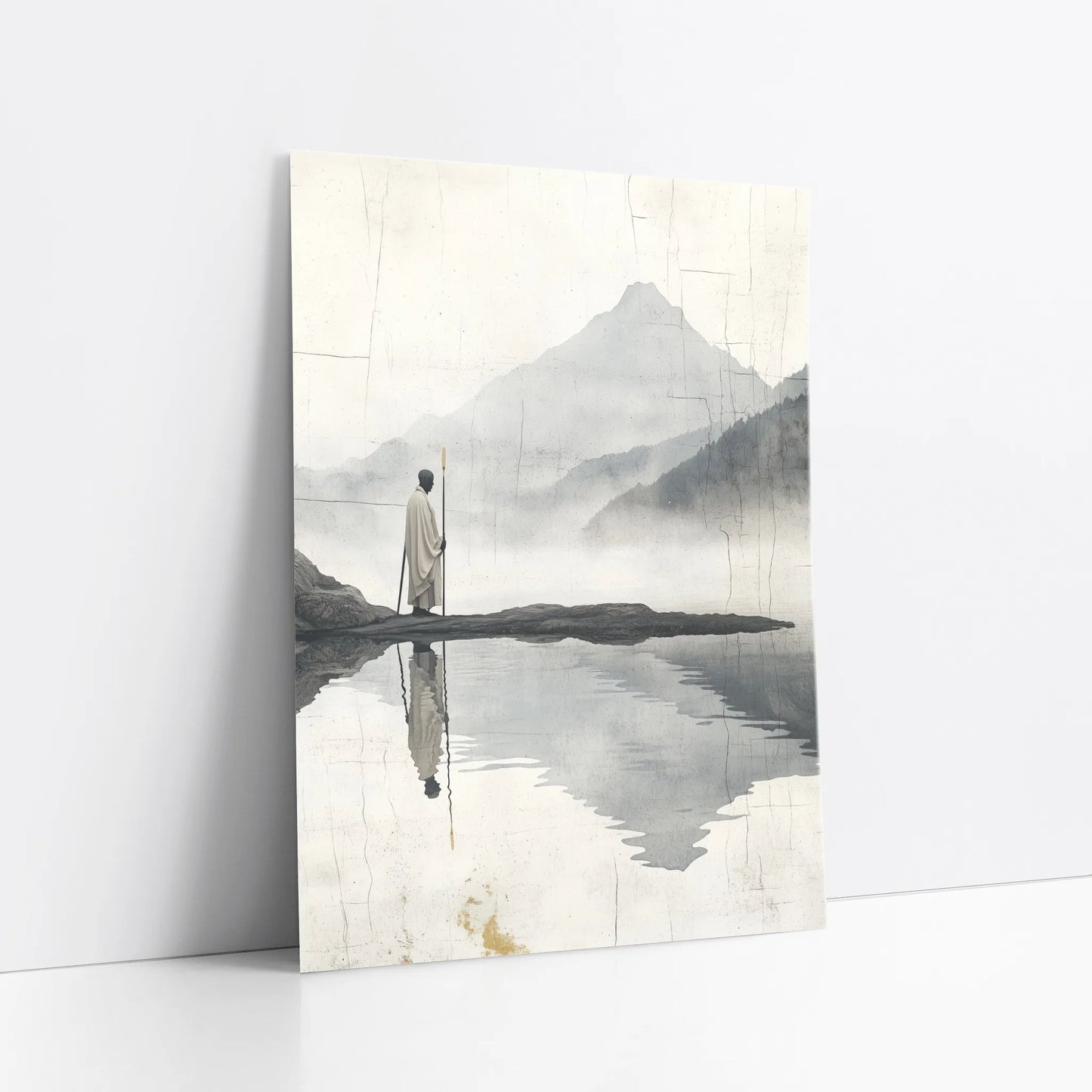 Minimalist Mountain Lake Zen Pilgrim Figure art print
