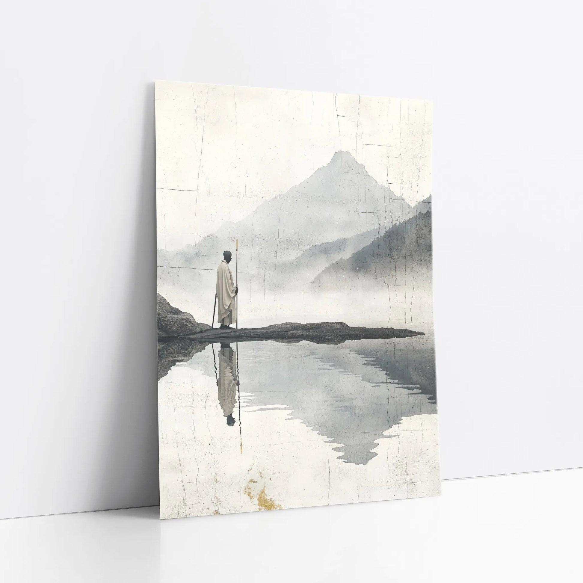 Minimalist Mountain Lake Zen Pilgrim Figure art print