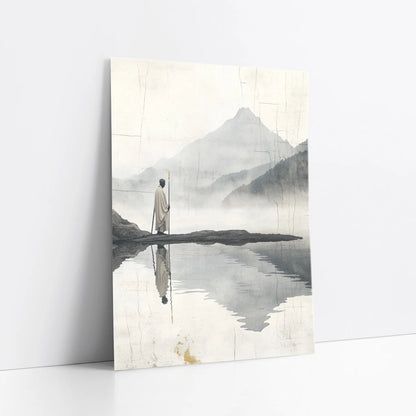Minimalist Mountain Lake Zen Pilgrim Figure art print