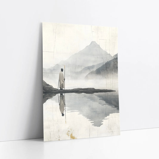 Minimalist Mountain Lake Zen Pilgrim Figure art print
