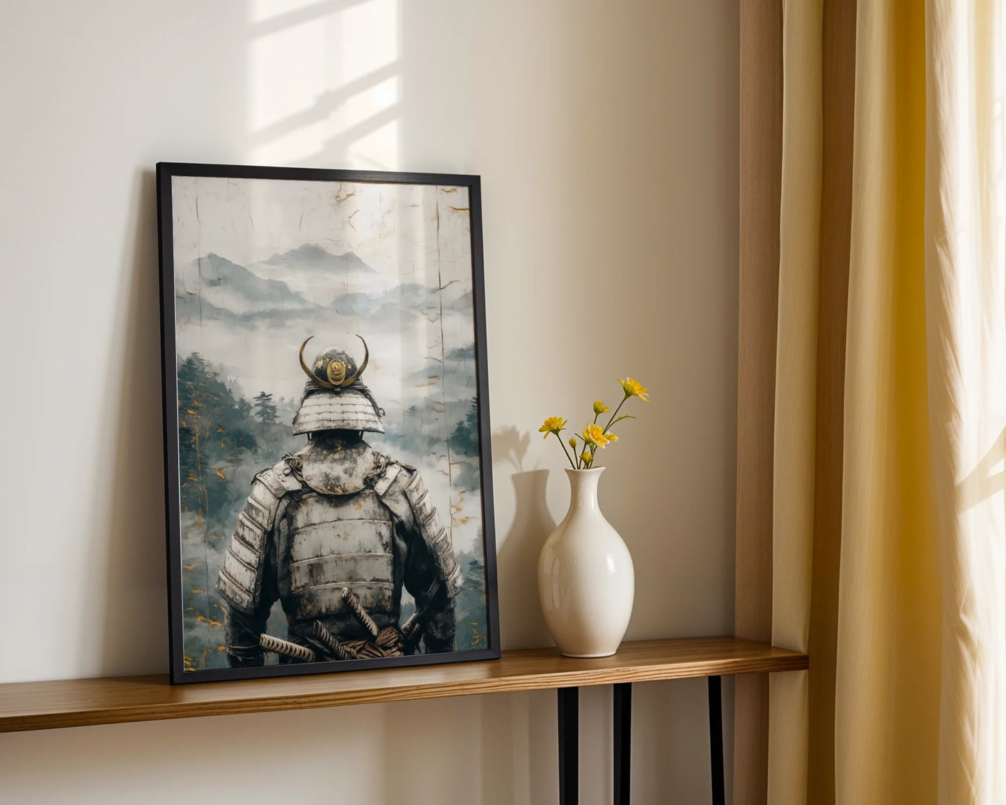 Samurai Warrior Mountain Mist Japandi Canvas Wall Art Print — Japandi-inspired canvas featuring lone warrior gazing at distant hills for minimalist interior design