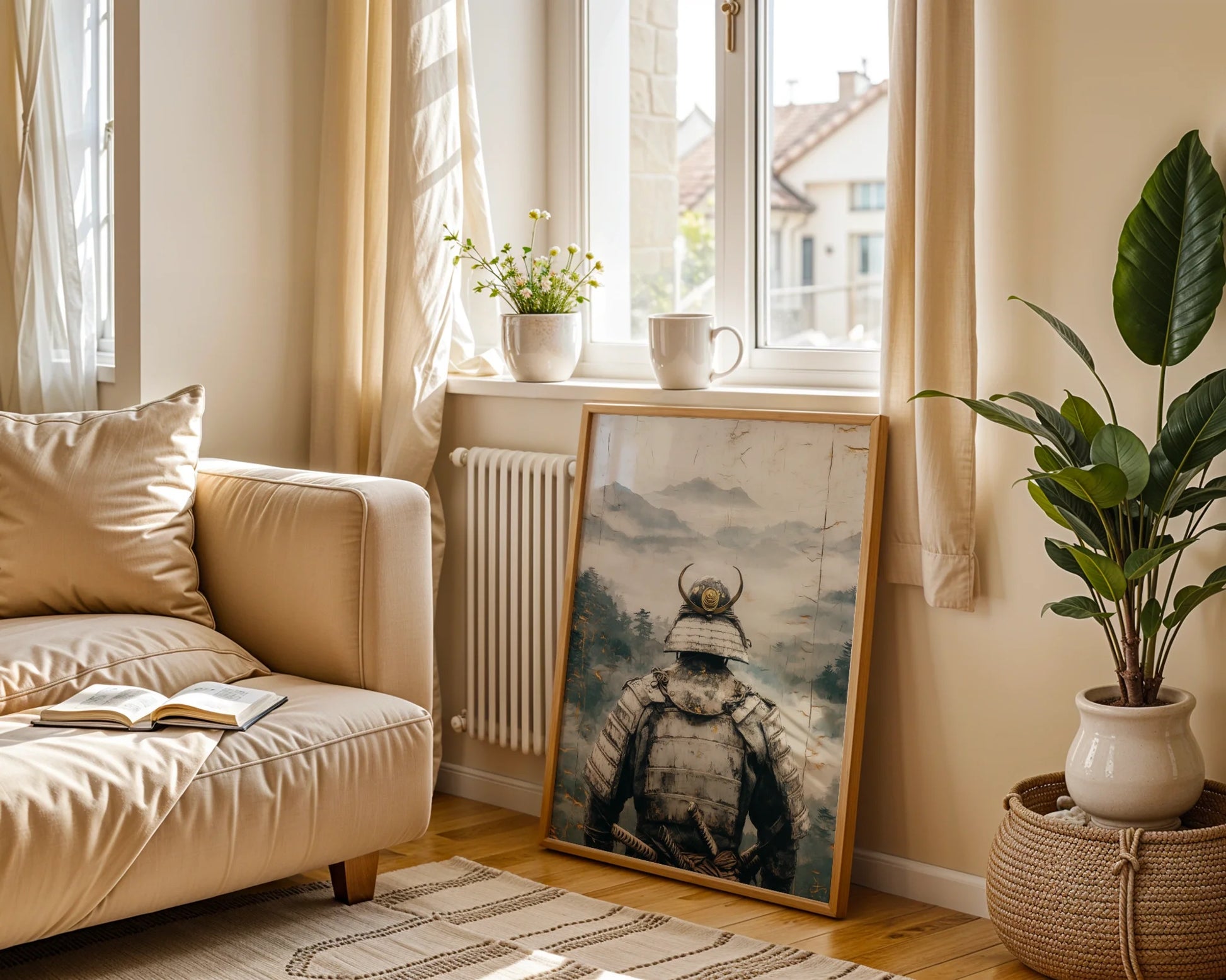 Samurai Warrior Mountain Mist Japandi Canvas Wall Art Print — Eastern-influenced artwork shows thoughtful figure amid mountain landscape for contemporary home styling