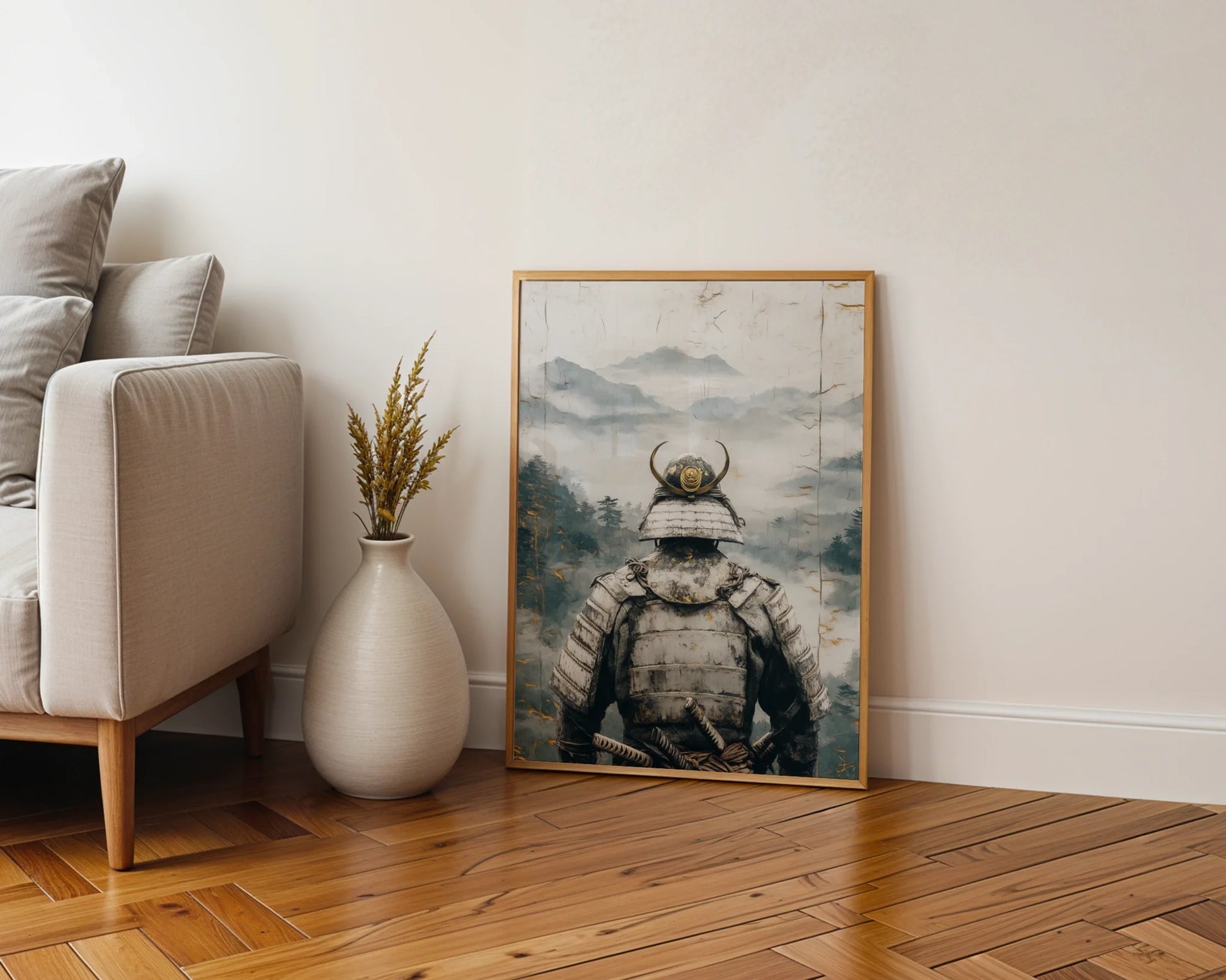 Samurai Warrior Mountain Mist Japandi Canvas Wall Art Print — Zen-minded wall print displays meditative soldier silhouette against cloudy peaks for modern spaces