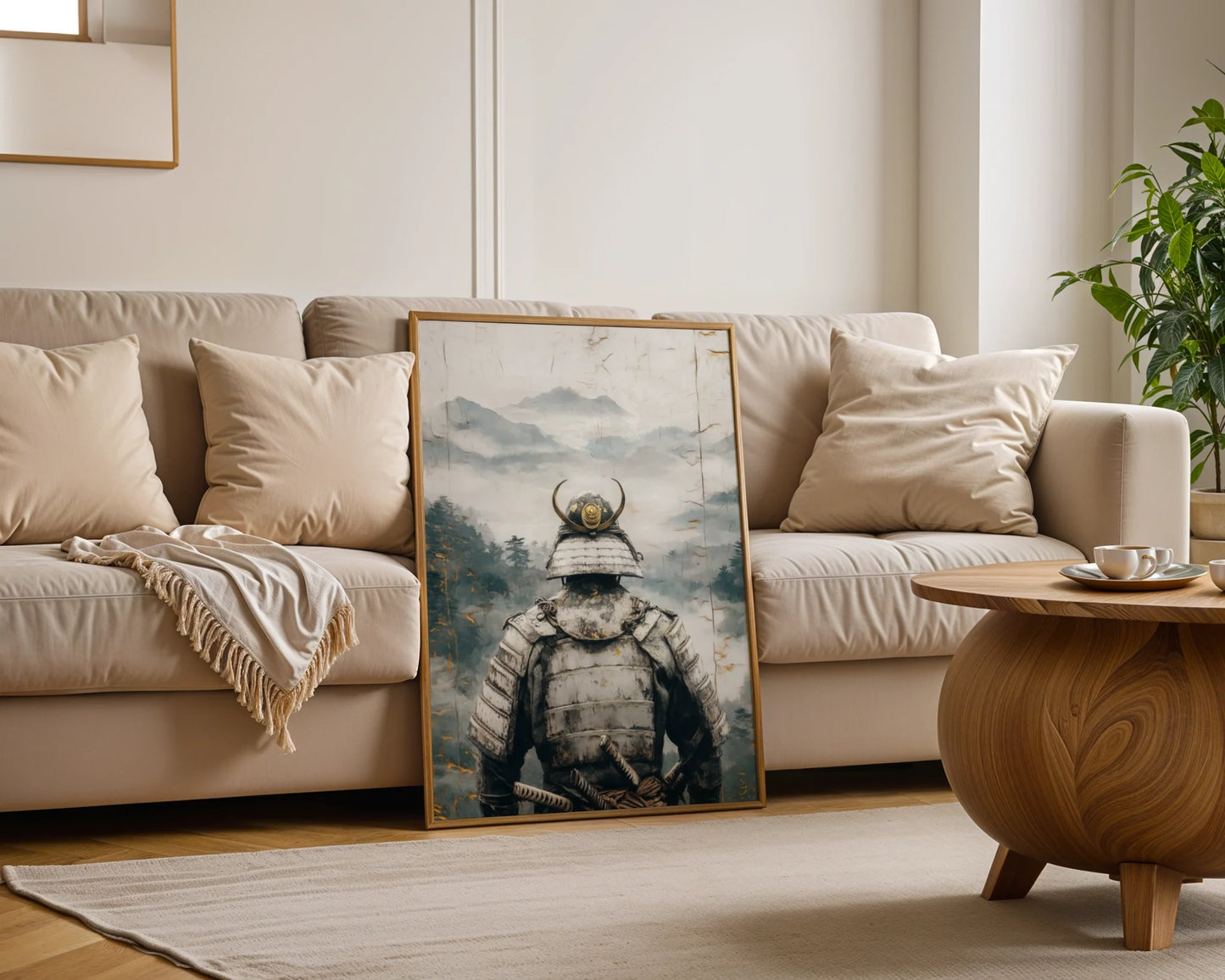 Samurai Warrior Mountain Mist Japandi Canvas Wall Art Print — Wabi-sabi canvas presents stoic guardian figure before sacred mountain vista for tranquil home decor