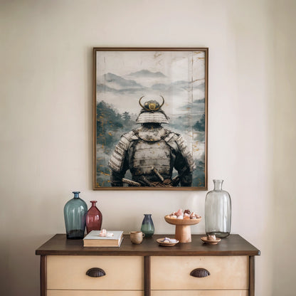 Samurai Warrior Mountain Mist Japandi Canvas Wall Art Print — Asian-inspired wall hanging depicts solitary fighter contemplating horizon for sophisticated interiors