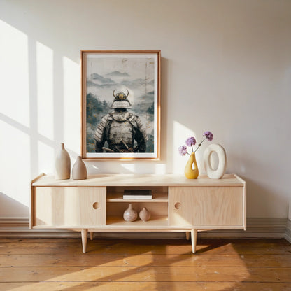 Samurai Warrior Mountain Mist Japandi Canvas Wall Art Print — Soft gray tones blend with cream hues on textured canvas showing warrior meditation scene