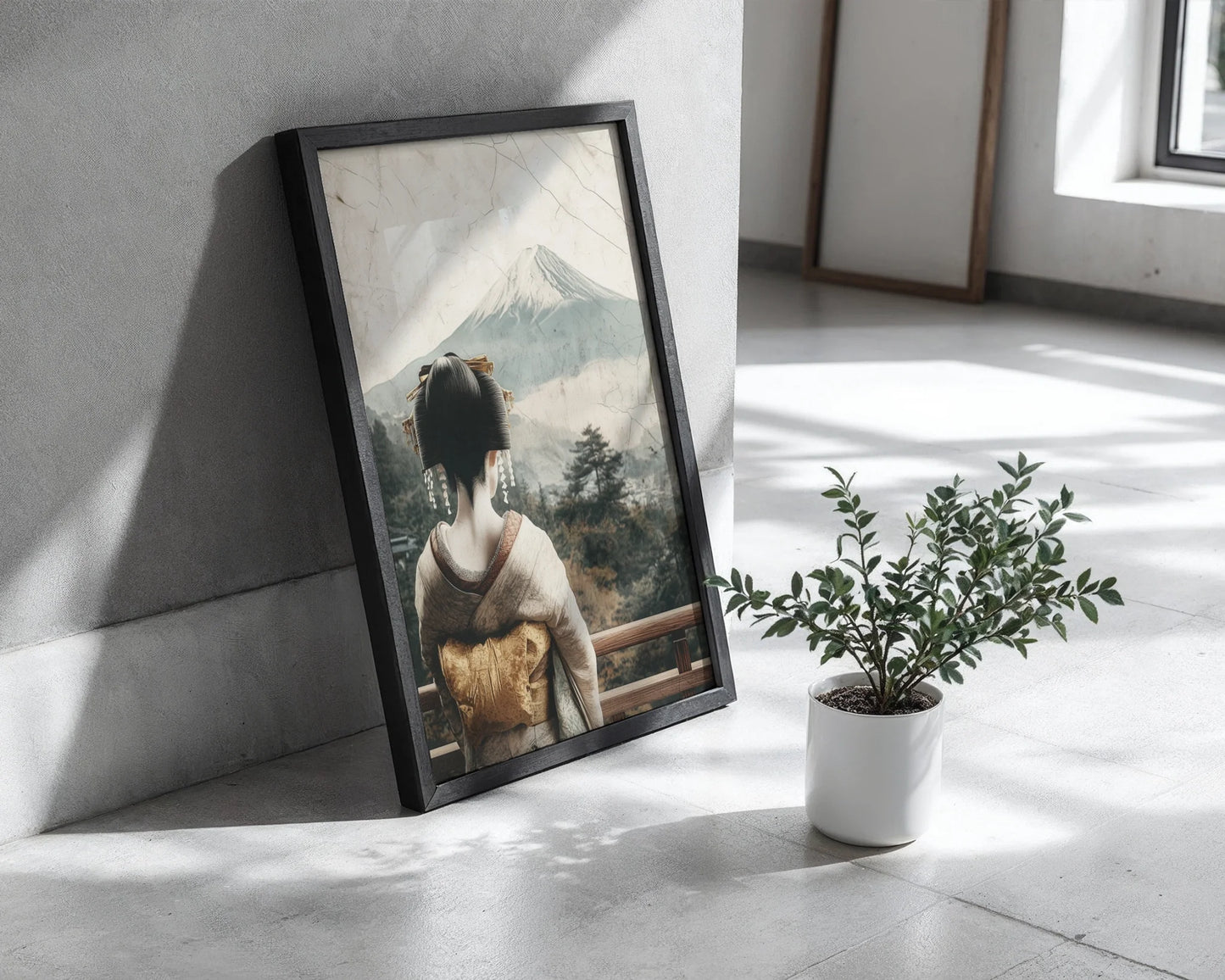 Geisha Mount Fuji Art Japandi Temple Ruins Canvas Wall Art — Zen-inspired home decor featuring weathered shrine remnants with contemplative woman in cultural dress
