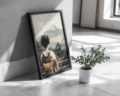 Geisha Mount Fuji Art Japandi Temple Ruins Canvas Wall Art — Zen-inspired home decor featuring weathered shrine remnants with contemplative woman in cultural dress