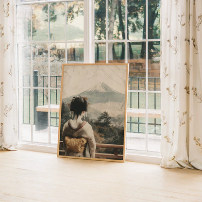 Geisha Mount Fuji Art Japandi Temple Ruins Canvas Wall Art — Minimalist wall decor depicting meditative woman overlooking famous volcanic summit in morning haze
