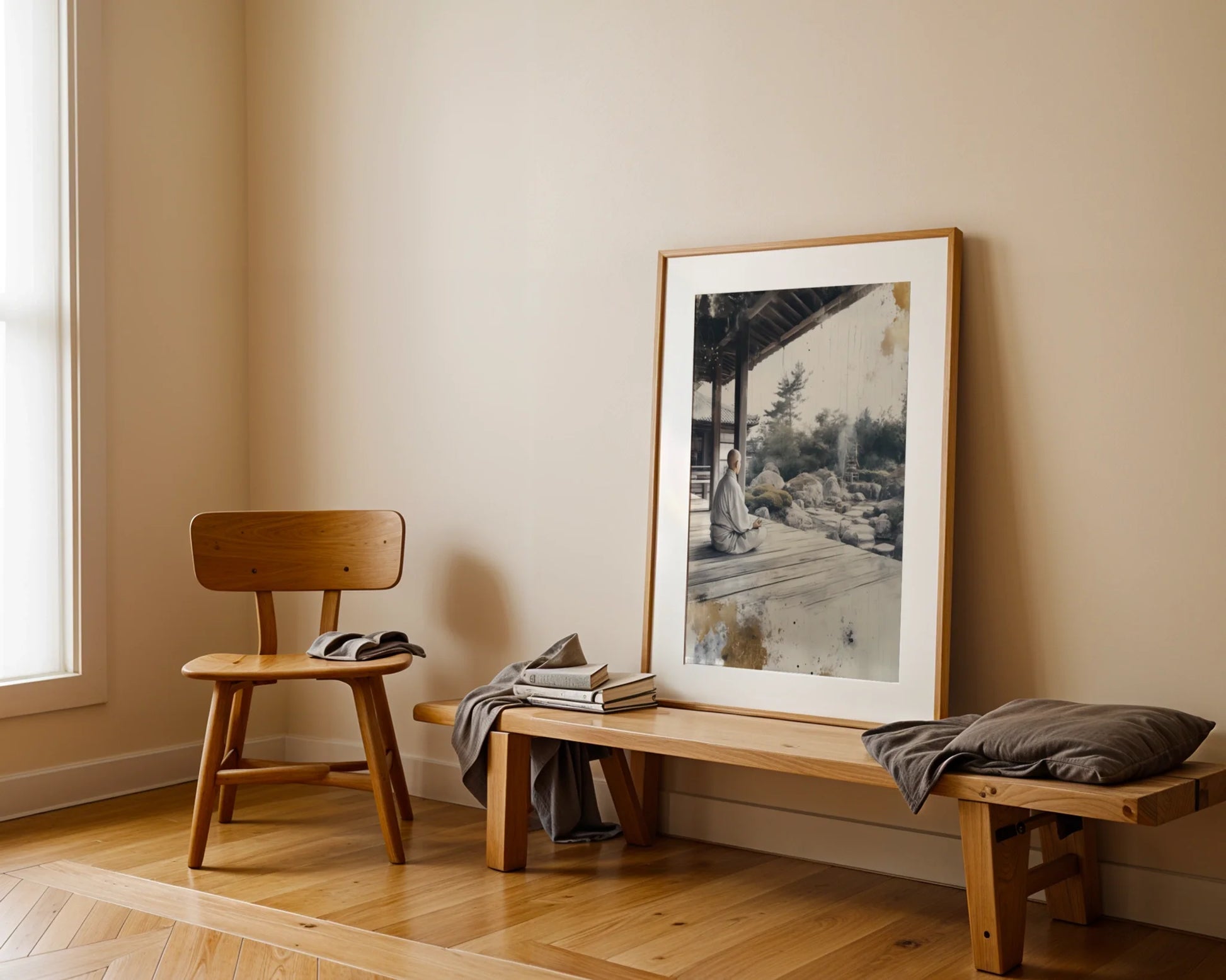 Zen Monk Meditation Stone Garden Japandi Canvas Wall Art — Japandi style canvas displaying peaceful monk figure in morning light for contemporary wall decor