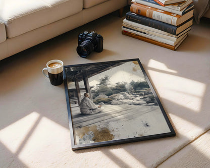 Zen Monk Meditation Stone Garden Japandi Canvas Wall Art — Wabi sabi artwork featuring temple gardens and weathered robes in modern interior design