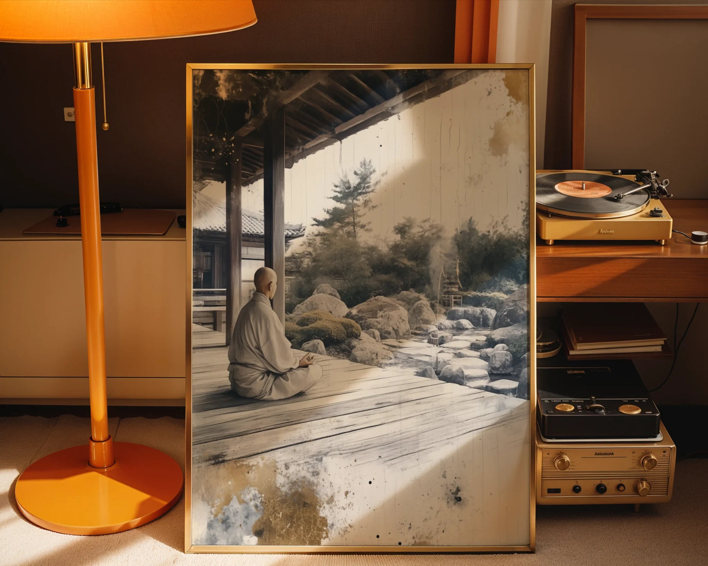 Zen Monk Meditation Stone Garden Japandi in room