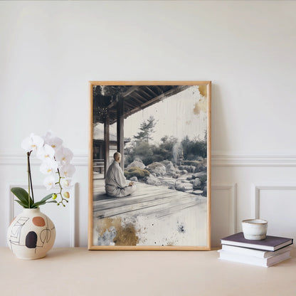 Zen Monk Meditation Stone Garden Japandi Canvas Wall Art — Cream and charcoal tones create textured meditation canvas with soft weathered surfaces