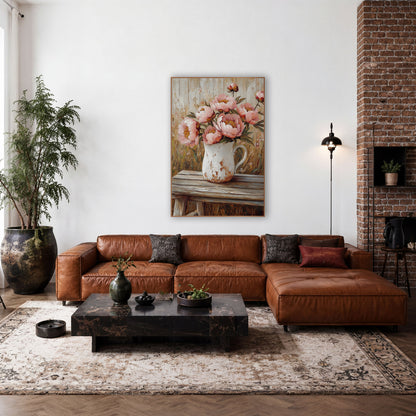 Blush Peonies Barnwood Backdrop Rustic wall art in a farmhouse-style room – pink peonies and buds in a chipped white