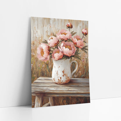 Blush Peonies Barnwood Backdrop Rustic art print leaning against a white wall – pink peonies and buds in a chipped white