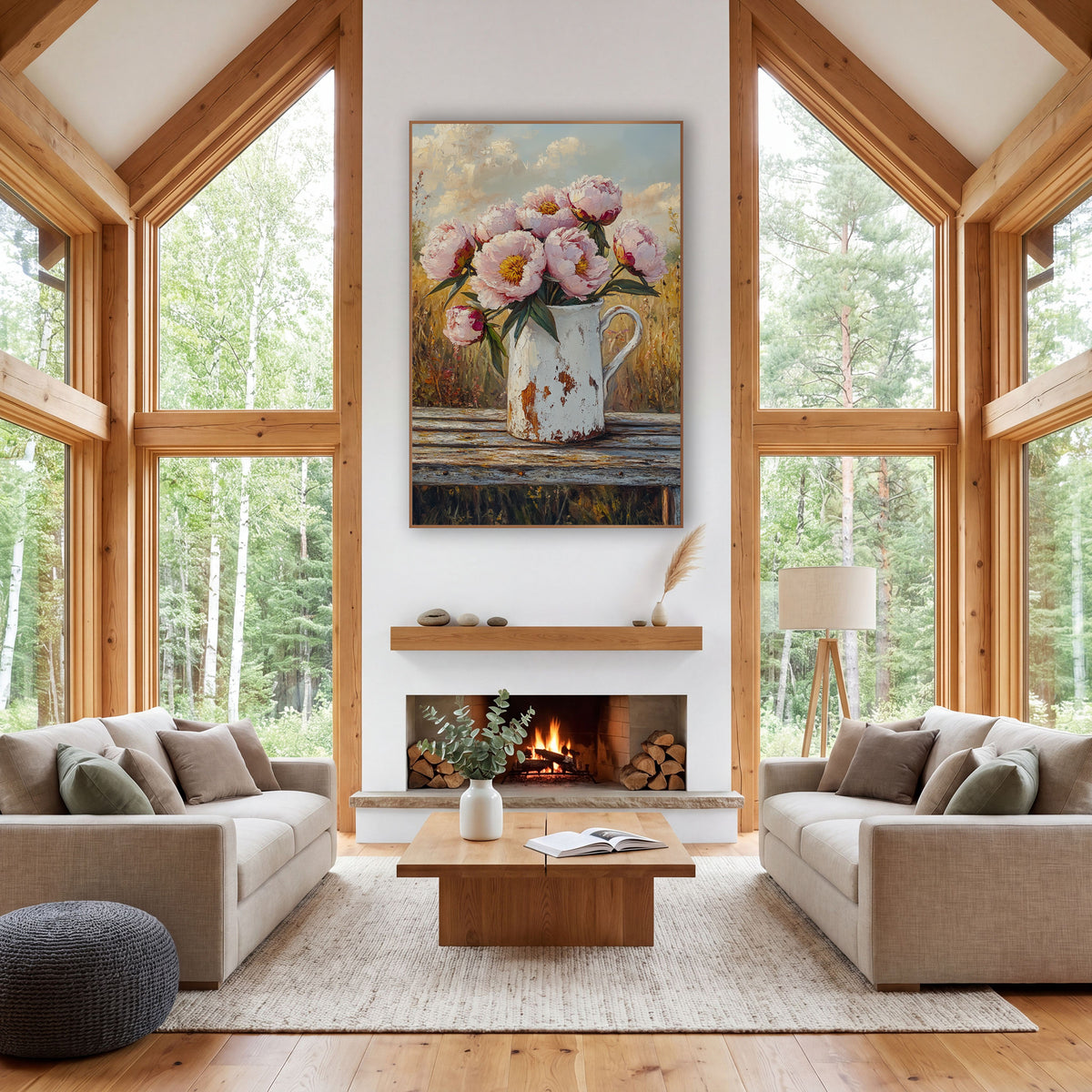 Pink Peonies White Pitcher Farmhouse wall art in a farmhouse-style room – pink peonies in a chipped white pitcher