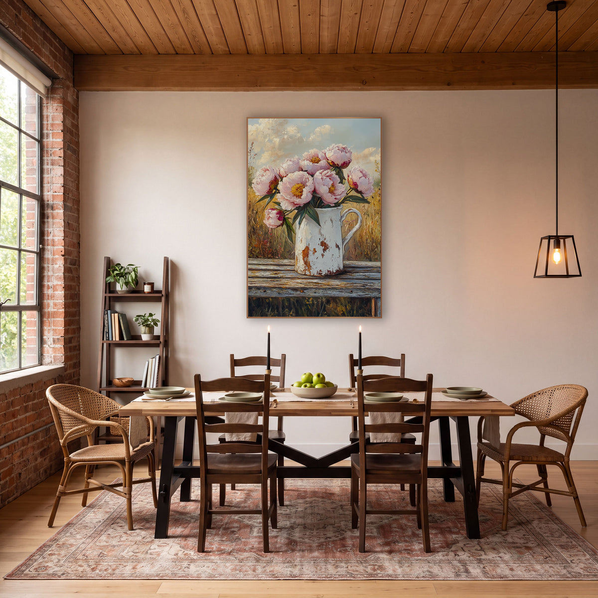 Pink Peonies White Pitcher Farmhouse wall art in a farmhouse-style room – pink peonies in a chipped white pitcher