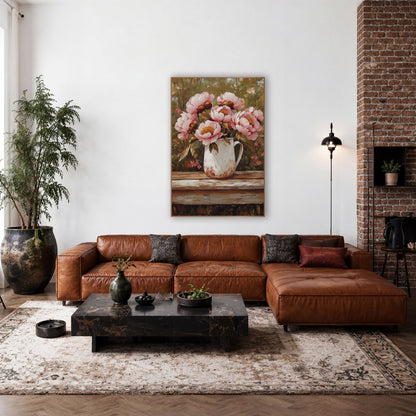 Pink Peonies Garden Bench Painterly wall art in a farmhouse-style room – pink peonies in a chipped white pitcher