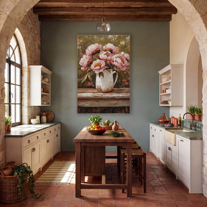 Pink Peonies Garden Bench Painterly wall art in a farmhouse-style room – pink peonies in a chipped white pitcher