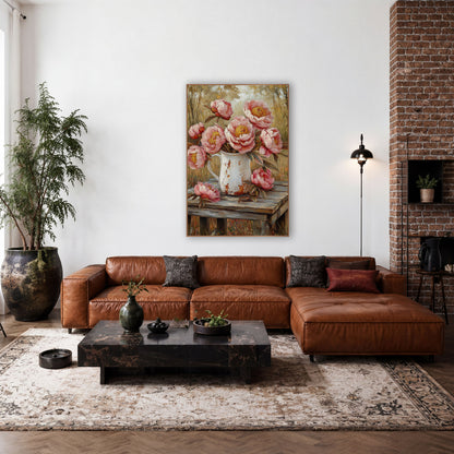 Autumn Peonies Fallen Blossoms Rustic wall art in a farmhouse-style room – pink peonies in a chipped white pitcher
