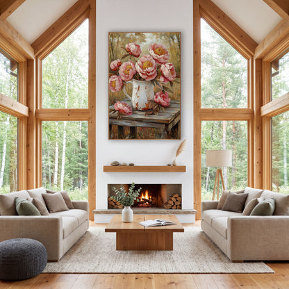 Autumn Peonies Fallen Blossoms Rustic wall art in a farmhouse-style room – pink peonies in a chipped white pitcher