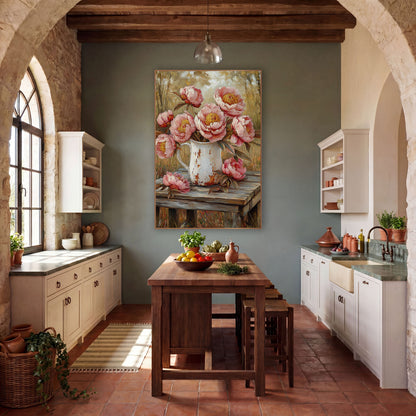Autumn Peonies Fallen Blossoms Rustic wall art in a farmhouse-style room – pink peonies in a chipped white pitcher