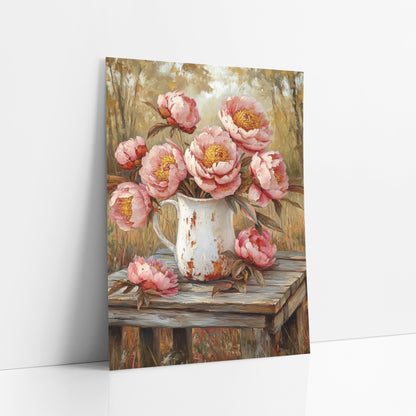 Autumn Peonies Fallen Blossoms Rustic art print leaning against a white wall – pink peonies in a chipped white pitcher