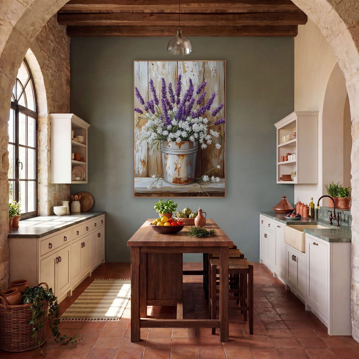 Lavender Yarrow Bucket Farmhouse Charm wall art in a farmhouse-style room – purple lavender and white flowers