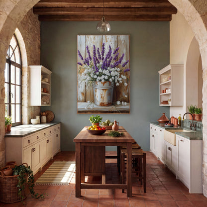 Lavender Yarrow Bucket Farmhouse Charm wall art in a farmhouse-style room – purple lavender and white flowers