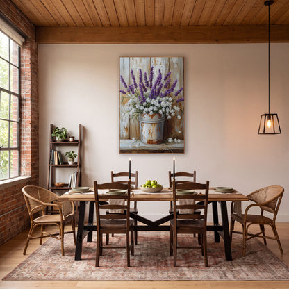 Lavender Yarrow Bucket Farmhouse Charm wall art in a farmhouse-style room – purple lavender and white flowers