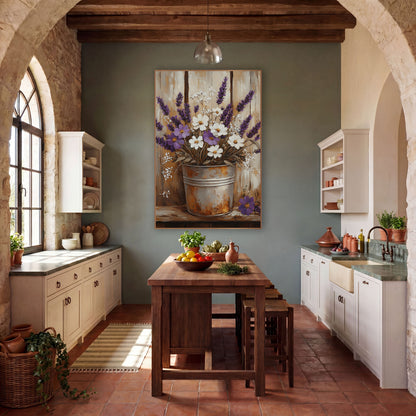 Purple Daisy Lavender Pail Painterly wall art in a farmhouse-style room – purple lavender and white flowers in a rusty