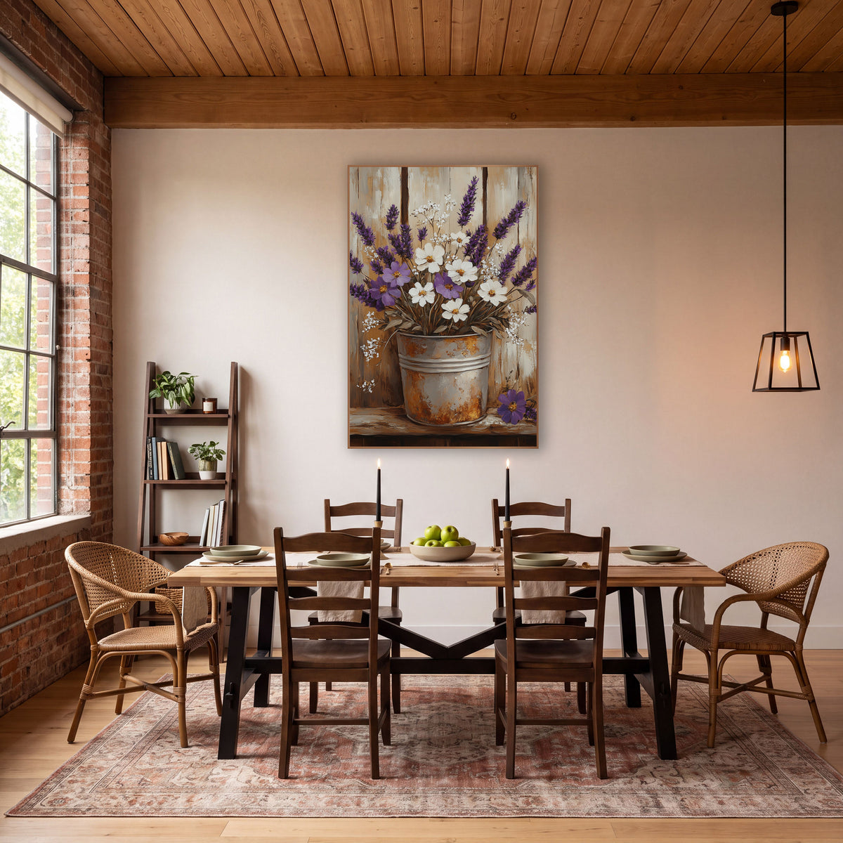 Purple Daisy Lavender Pail Painterly wall art in a farmhouse-style room – purple lavender and white flowers in a rusty