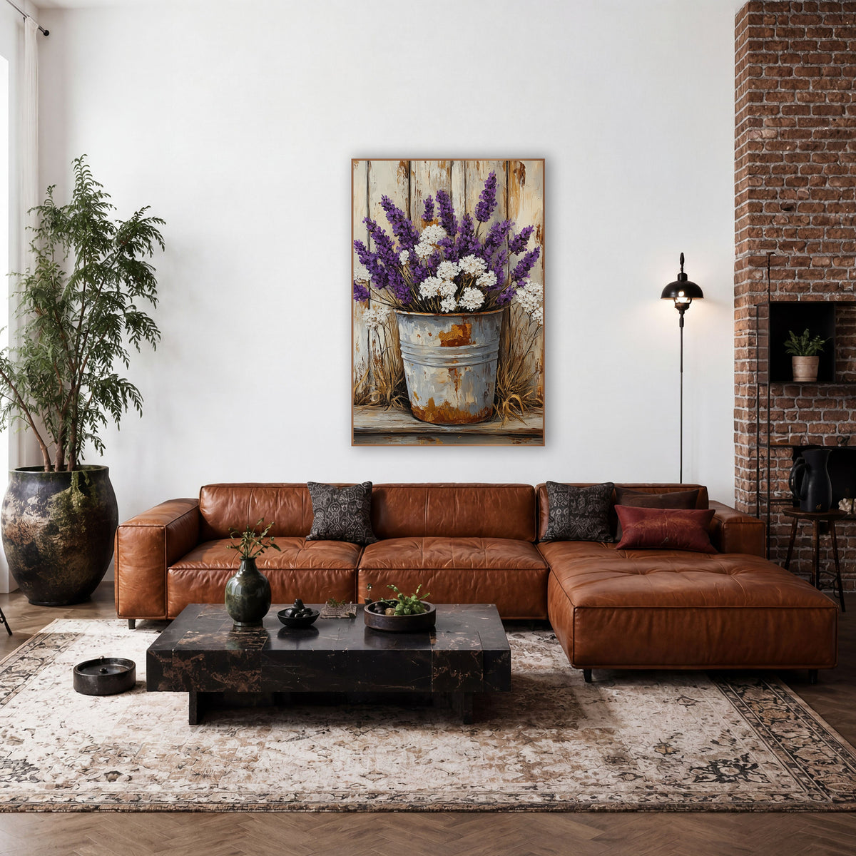 Snowball Lavender Dried Grass Bucket wall art in a farmhouse-style room – purple lavender and white flowers in a rusty