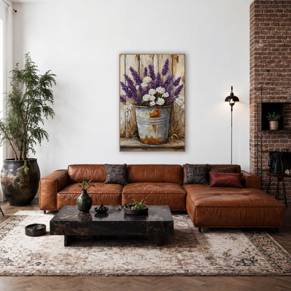 Snowball Lavender Dried Grass Bucket wall art in a farmhouse-style room – purple lavender and white flowers in a rusty