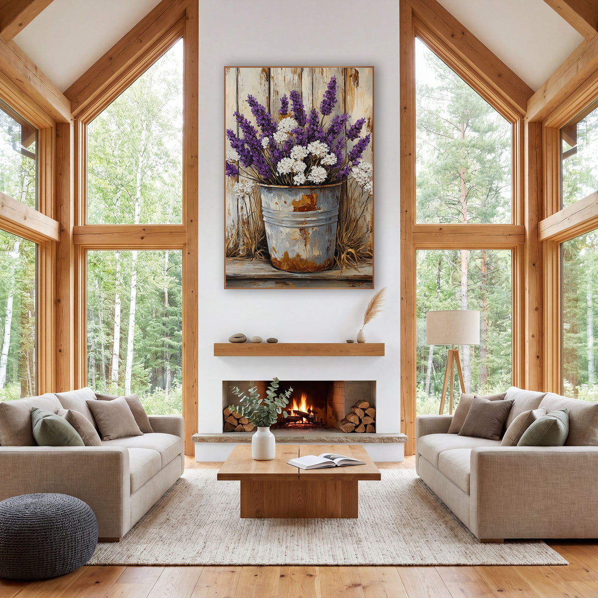 Snowball Lavender Dried Grass Bucket wall art in a farmhouse-style room – purple lavender and white flowers in a rusty