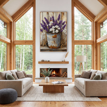 Snowball Lavender Dried Grass Bucket wall art in a farmhouse-style room – purple lavender and white flowers in a rusty