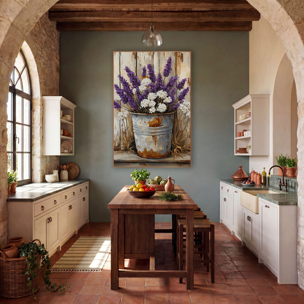 Snowball Lavender Dried Grass Bucket wall art in a farmhouse-style room – purple lavender and white flowers in a rusty