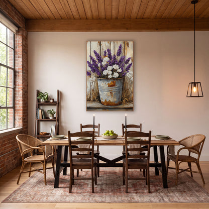 Snowball Lavender Dried Grass Bucket wall art in a farmhouse-style room – purple lavender and white flowers in a rusty