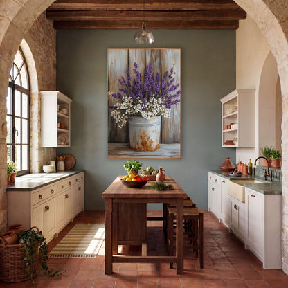 Dense Lavender Gypsophila Bucket Farmhouse wall art in a farmhouse-style room – purple lavender and white baby's