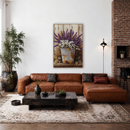 Handled Lavender Pail Golden Leaves wall art in a farmhouse-style room – purple lavender and white flowers in a rusty