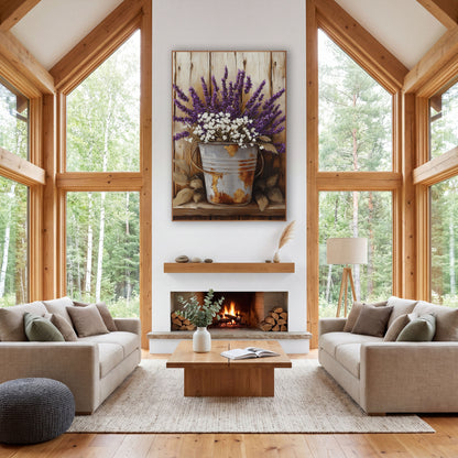 Handled Lavender Pail Golden Leaves wall art in a farmhouse-style room – purple lavender and white flowers in a rusty