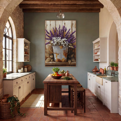 Handled Lavender Pail Golden Leaves wall art in a farmhouse-style room – purple lavender and white flowers in a rusty