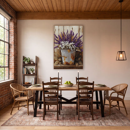 Handled Lavender Pail Golden Leaves wall art in a farmhouse-style room – purple lavender and white flowers in a rusty