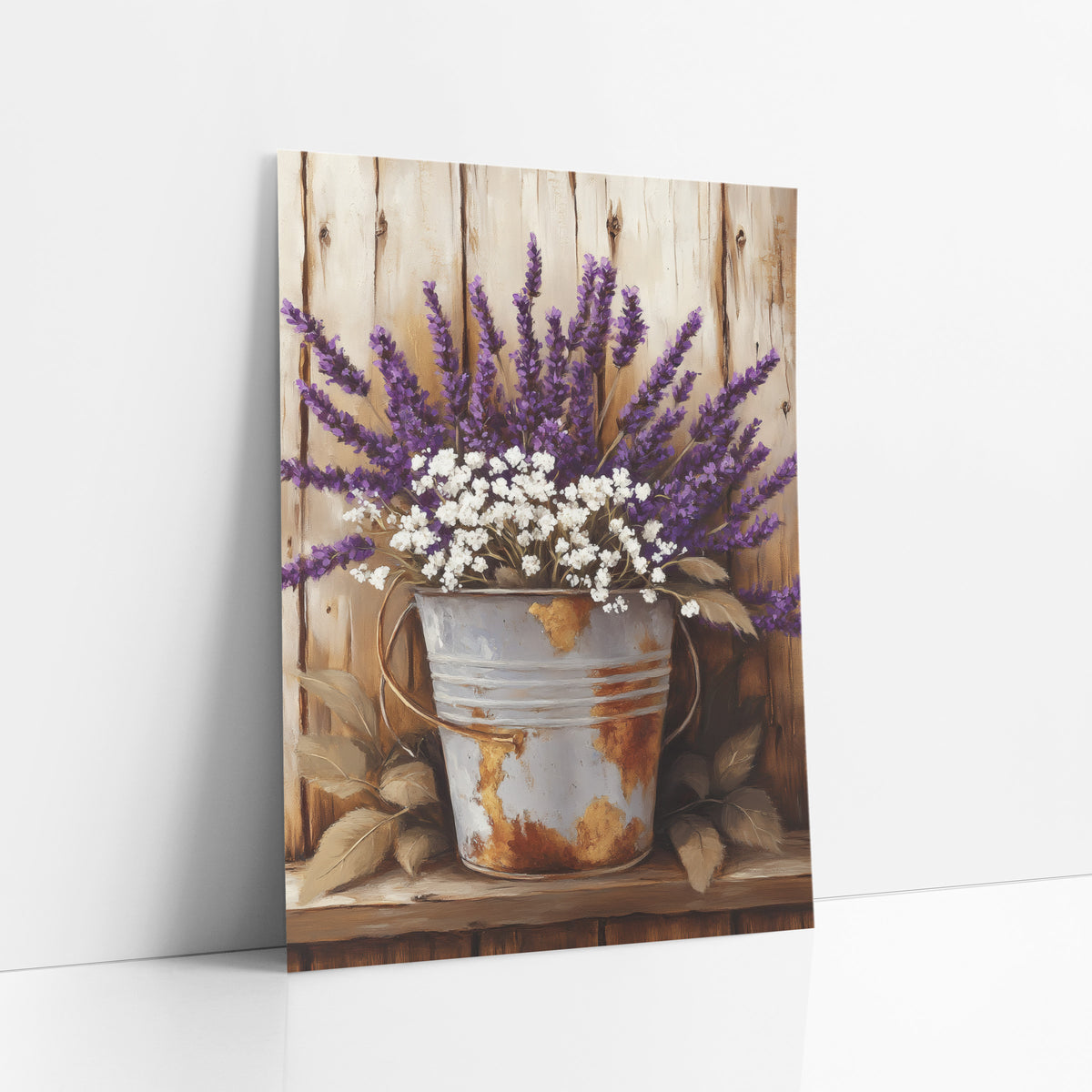 Handled Lavender Pail Golden Leaves art print leaning against a white wall – purple lavender and white flowers in a rusty
