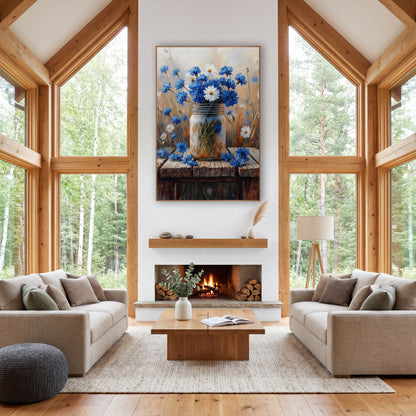 Blue Cornflower Mason Jar Farmhouse wall art in a farmhouse-style room – blue cornflowers and white daisies in a rusty